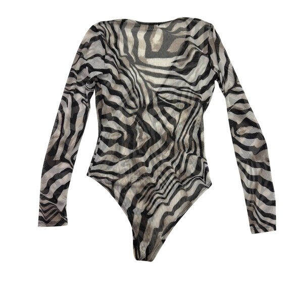 DayG Zebra Print Mesh Long Sleeve Deep V-neck Bodysuit Y2K Avangard Goth Sz M/L? - Picture 6 of 7